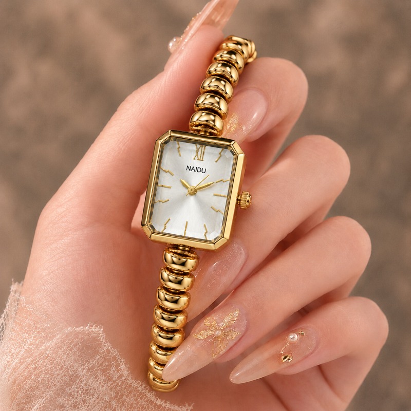 Jewelry Watches For Ladies - Złoty zegarek damski NAIDU, mini prostokątny,