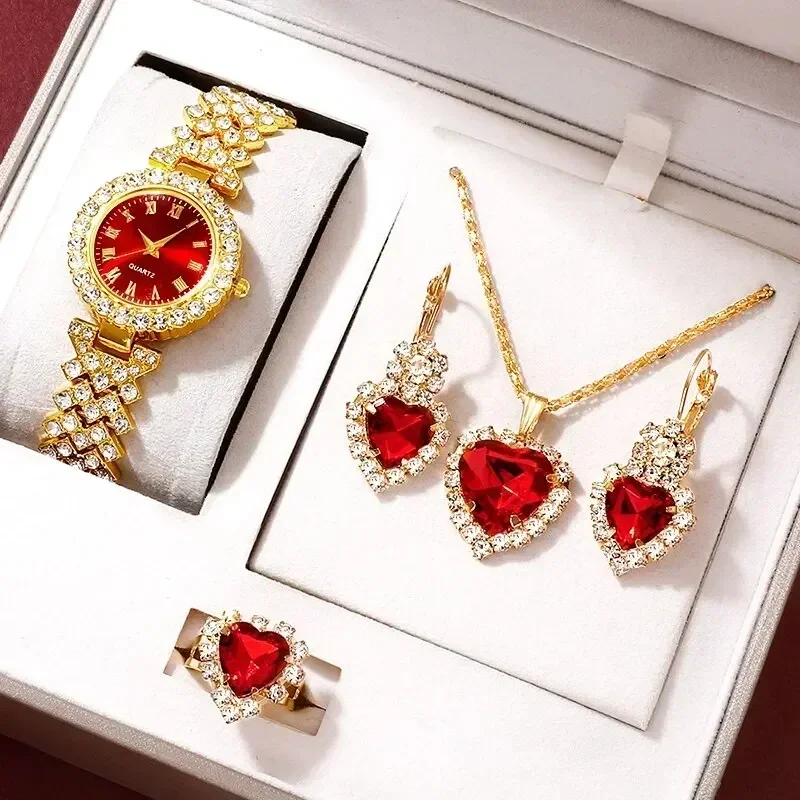 Jewelry Watches For Ladies - Złoty luksusowy zegarek damski naszyjnik pierścionek